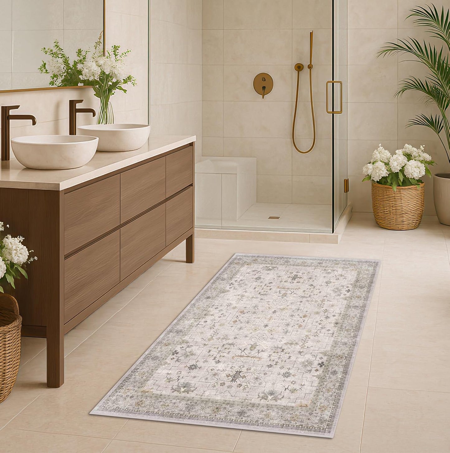 Boho Bathroom Rug by Light Grey | Large 3x4 Washable Floral Design - Non-Slip, Low Pile for Entryway & Bedroom