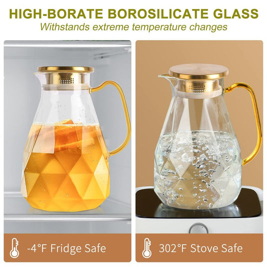 Yirilan Glass Pitcher, 2.2 Liter Water Pitcher With Lid,Iced Tea Pitcher for Fridge,Carafe With Lid, Glass Water Jug For Juice, Milk, Cold Or Hot Beverages, 2 Quart