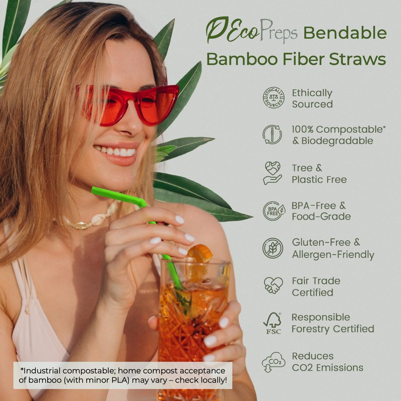 EcoPreps Colorful Biodegradable Flexible Drinking Straws | Bendable 150 Count, 100% Compostable, Plastic-Free, Eco-Friendly Straws for Cold Drinks | 7.8'' Multi-Color Bamboo Fiber Disposable Straw Set