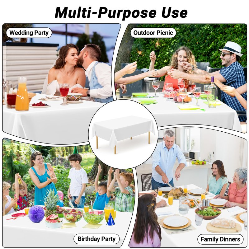 QZYL 2 Pack Picnic Table Cover, 108 x 54 Inches White Tablecloth for Rectangle Table, Disposable Tablecover Plastic Tablecloth Party TableCloths, Birthday Party Decorations Wedding Decor