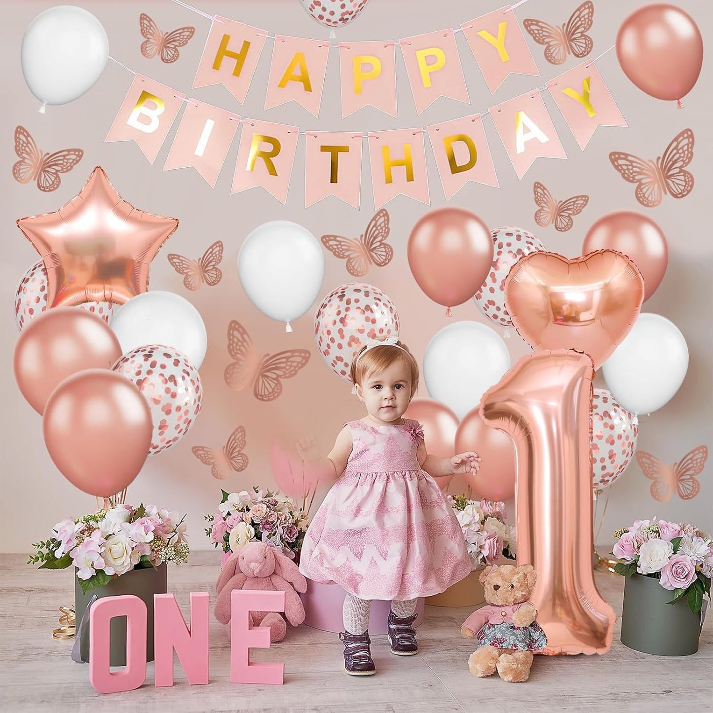 Regine Switzerland 1st Birthday Decoration - Rose Gold Balloon Set with Butterfly Stickers & Foil Balloons