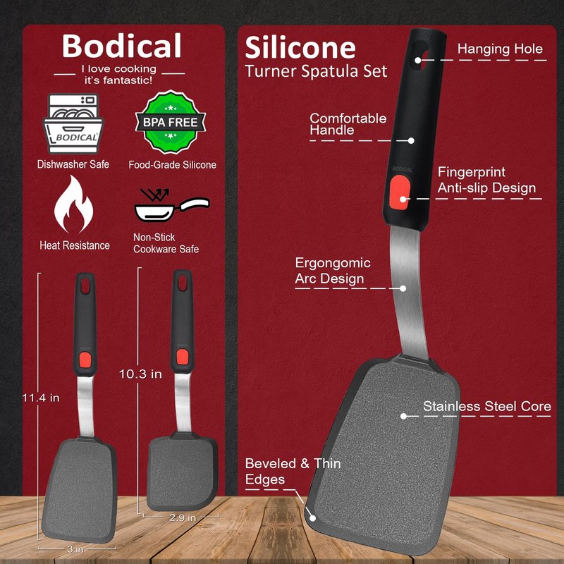 2 Pack Silicone Spatula Turner, 600°F Heat Resistant Kitchen Spatula Set for Nonstick Cookware, Cooking Utensil Set for Egg Pancake Flipper/Heat Resistant Silicone Grip