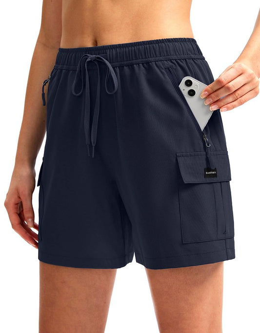 SANTINY Women's 5''/ 7''/9'' Hiking Cargo Shorts Quick Dry Lightweight Summer Shorts for Women Athletic Golf Zipper Pockets(Navy_L)