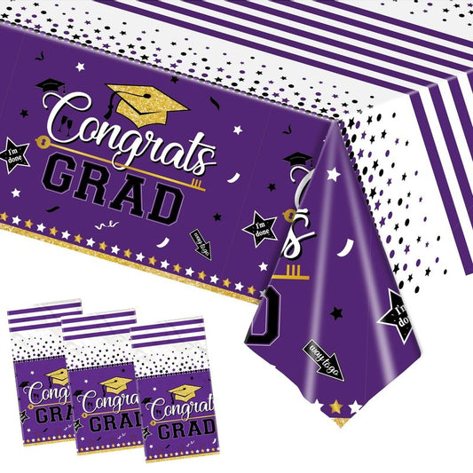 Graduation Tablecloth Party Decorations, 3 Pack Class of 2026 Congrats Grad Purple Graduation Party Tablecover Rectangle Plastic Table Cloth Disposable Table Covers Party Supplies, Large Size 54"x108"