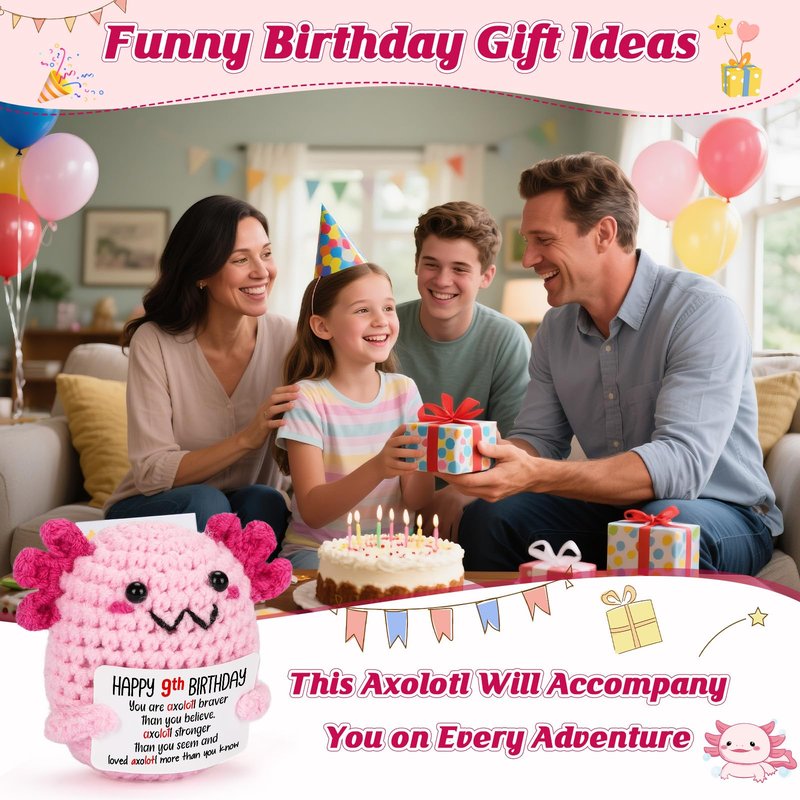 WEYON 9 Year Old Girl Birthday Gift Ideas, Mini Crochet Axolotl Plush for 9th Birthday Gift for Girls, 9th Pink Decorations, 9 YO Presents Axolotl Toy