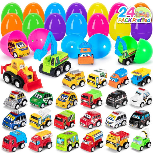 SUGFUT 24 PCS Prefilled Easter Eggs with Toys Pull Back Cars Easter Basket Stuffers for Toddler Gifts for Kids - Easter Party Favors