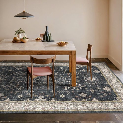 Boho Dining Room Rug - 6x9 Washable Black Area Rug | Low Pile Non-Slip Design for Living Room & Bedroom