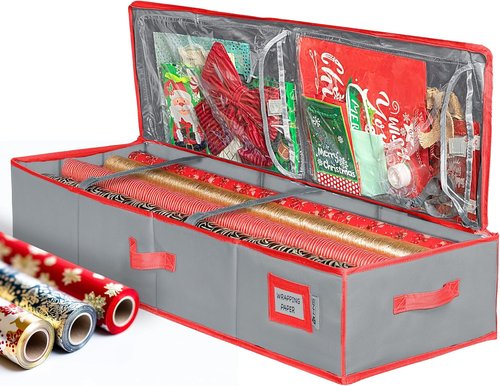 HOLDN' STORAGE Premium Wrapping Paper Storage Container - Durable 600D Tear-Proof Design | Fits 27 Rolls with Extra Pockets for Ribbons & Bows - Ideal for Holiday Use, Grey/Red Trim
