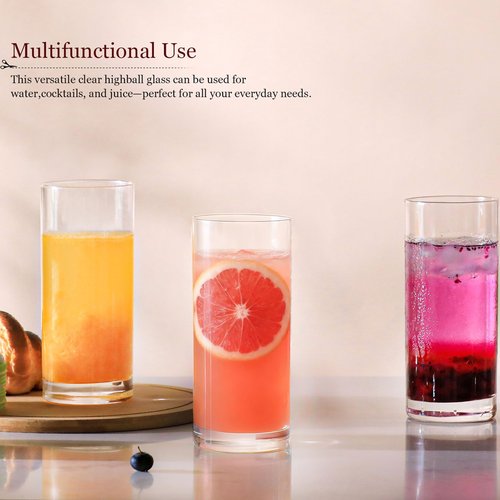 Drinking Glasses Set of 6, 16oz Crystal Highball Glasses, Clear Tall Glass Cups,Water Glass for Kitchen,Tom Collins,Juice,Whiskey,Mojito Cocktail Glasses for Bar Glassware,Gifts for Christmas