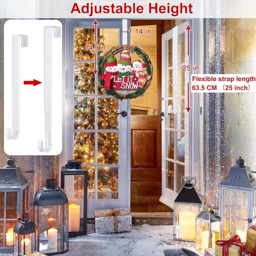 HEYHOUSE Wreath Hanger - Adjustable 14.9-25 Inch Metal Door Hook for 20 lbs Christmas Wreaths | White