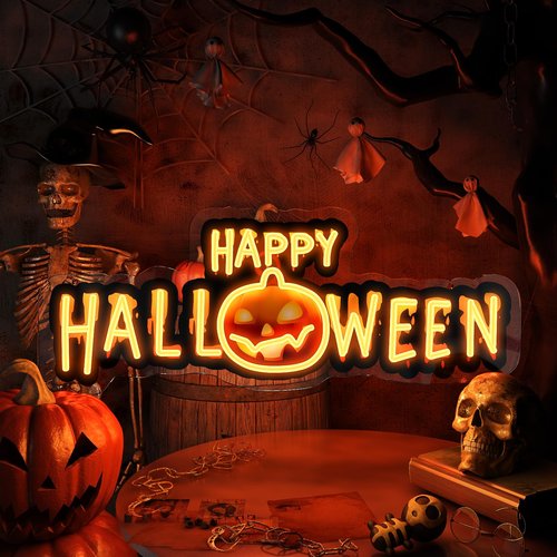 Happy Halloween Neon Sign, Black Orange Halloween Neon Light Up Sign with UV Print for Halloween Party Decoration, Dimmable Neon Halloween Led Sign for Wall Decor Trick or Treat Spooky Party Backdrop