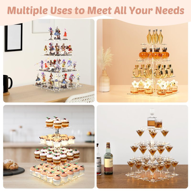 Cupcake Stand with Lights, 4 Tier Cupcake Holder, Light Up Cupcake Stand for 24 Cupcakes, Dessert Table Display Set for Weddings, Christmas, Birthday Parties (Yellow Light)