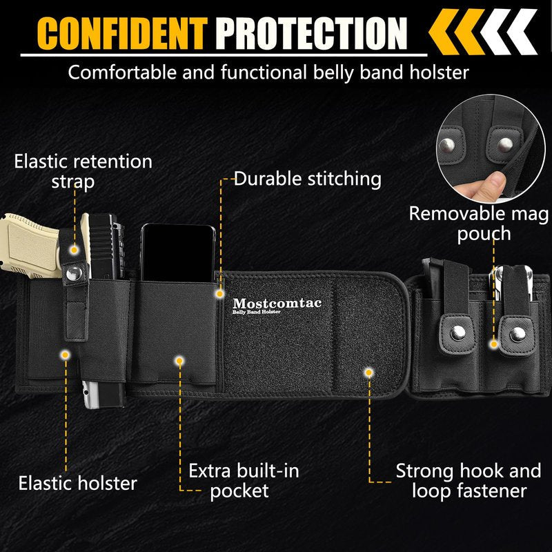 Mostcomtac Belly Band Holster for Men & Women - Comfortable Carry Gun Holster for 9MM and 380 with Breathable Neoprene, Fits Glock 19 17 42 43 43x, Taurus, Ruger LCP, S&W M&P Shield for Most Handguns