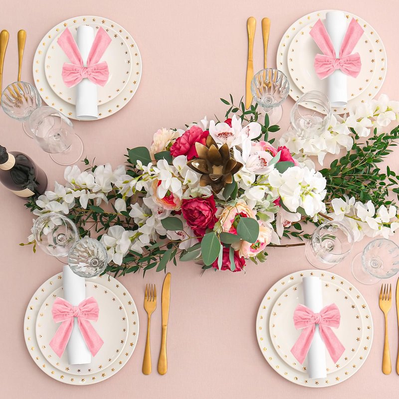Maxdot 12 Pcs Bow Napkin Rings Set, Velvet Napkin Holders Buckles 4 x 4.9 Inch Serviette Rings for Family Dinner, Wedding, Party, Banquet, Table Decorations (Pink)