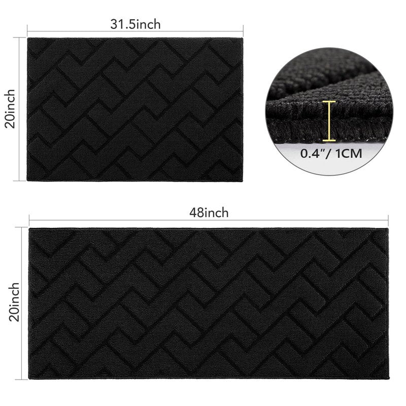 hicorfe Kitchen Runner Rugs and Mats Sets,2 Pieces Absorbent Non-Slip Kitchen Rug,Comfort Kitchen Mat for Floor,Washable for Kitchen,Hallway,Office,Sink,Laundry(20"x48"+20"x32",Black)