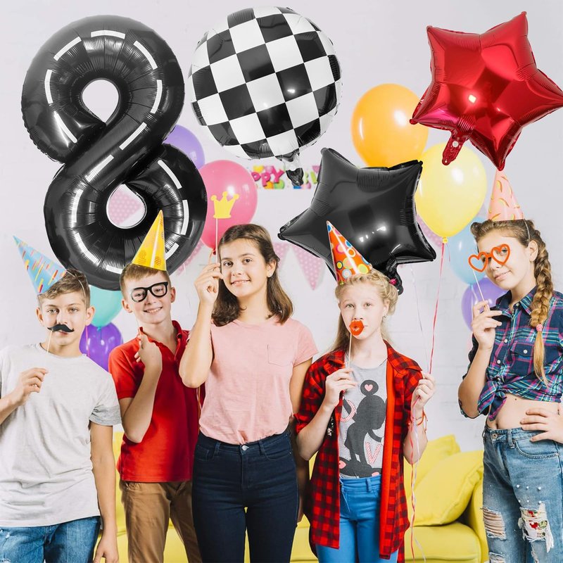 Race Car 8 Balloons 40 Inch Racetrack Number 8 Balloon, Road Balloon Checkered Balloons Star Balloons Large Black Racing Car 8 Balloon for Race Car Truck Tire Theme Boys 8th Birthday Party Supplies