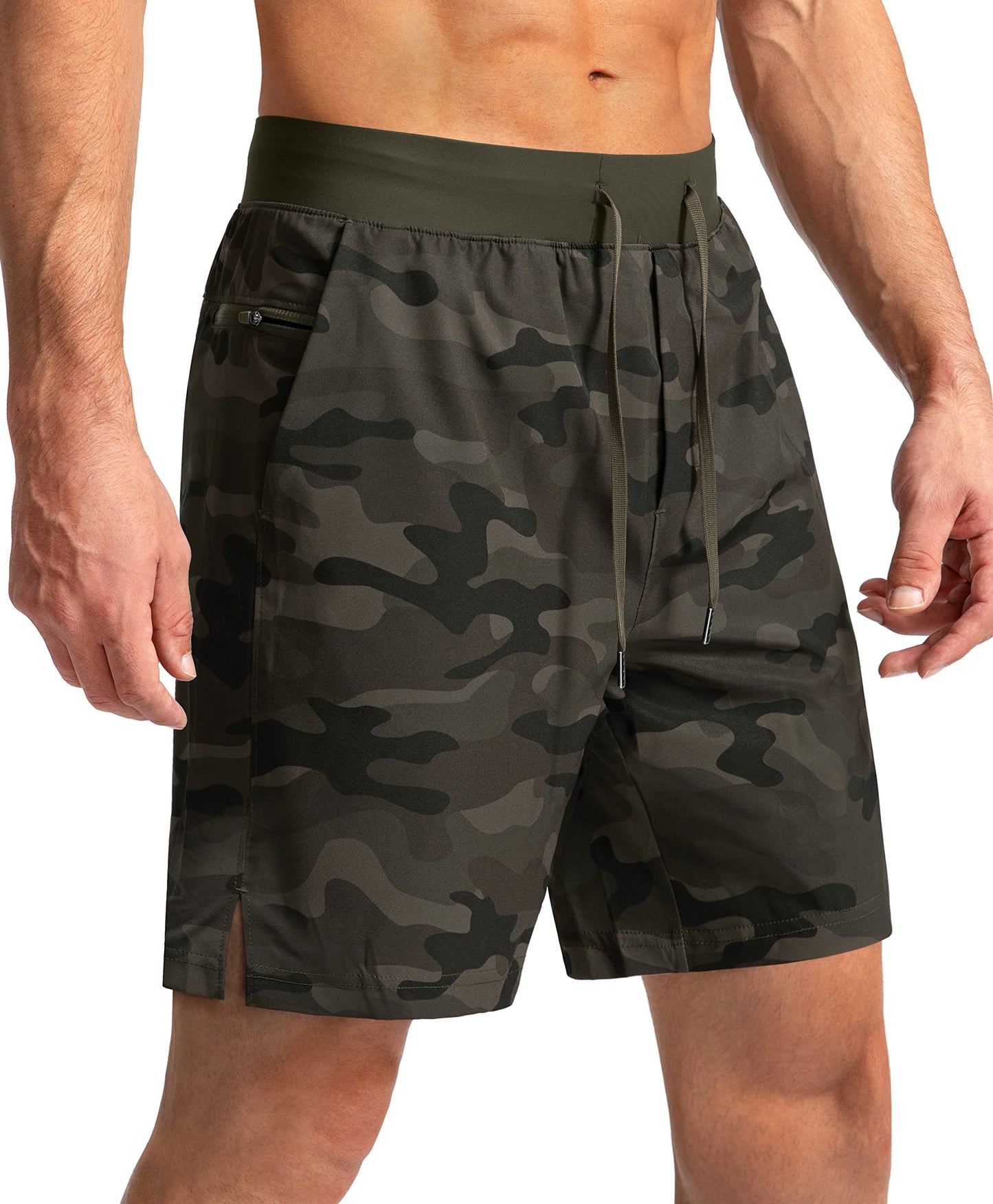 Soothfeel Men's Running Shorts with Zipper Pockets 7 Inch Lightweight Quick Dry Gym Athletic Workout Shorts for Men (Green Camo, XS)