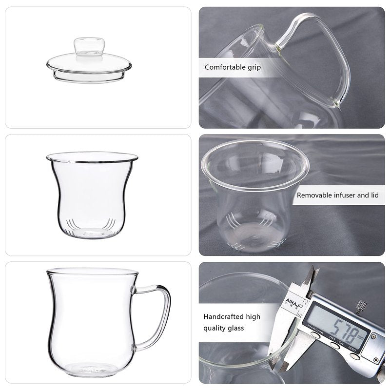 CNGLASS Glass Tea Cup with Removable Infuser and Lid,10oz Thickened Glass Infuser Mug,Borosilicate Glass Mug for Loose Leaf Tea,Teabags