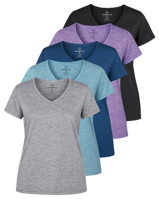 Real Essentials 5 Pack: Women's Dry-Fit Short Sleeve V Neck T Shirt Workout Fitness Yoga Top Tee (Available in Plus Size), Set 4, 1X