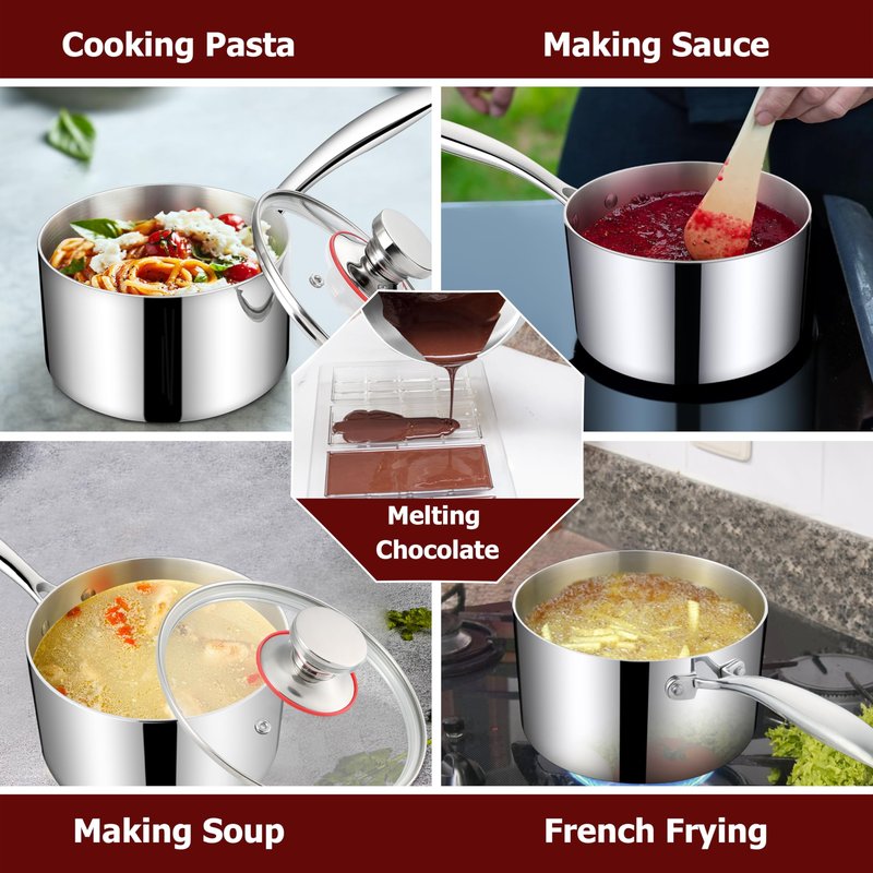Homikit 2 Quart Saucepan with Lid, 2QT Tri-Ply Stainless Steel Sauce Pan with Ergonomic Handle, Heavy Bottom Small Pot for Kitchen Cooking, Compatible with All Cooktops for Boiling Eggs Warming Milk