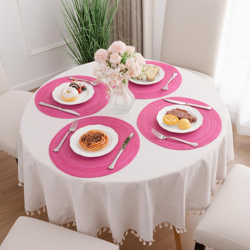 SHACOS Round Braided Placemats Set of 6 Cotton Round Place Mats 15 inch Washable Table Mats for Dining Table Holiday Party (Hot Pink, 6)