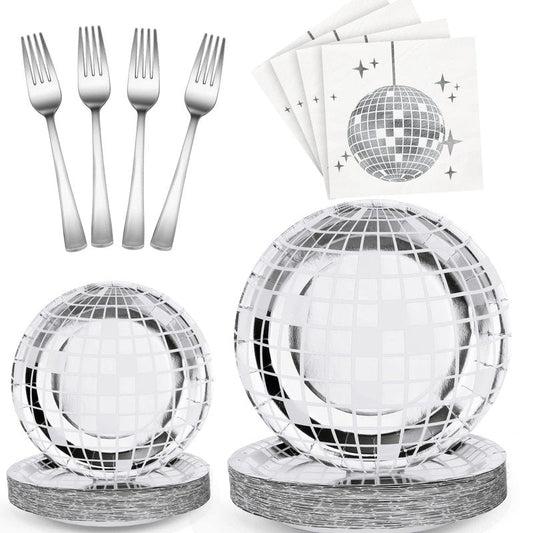 Tanlade 200 Pcs Disco Ball Party Supplies Disco Plates and Napkins Silver Tableware Set for 70s 80s 90s Birthday Rock Roll Dance Music Party 50 Guests