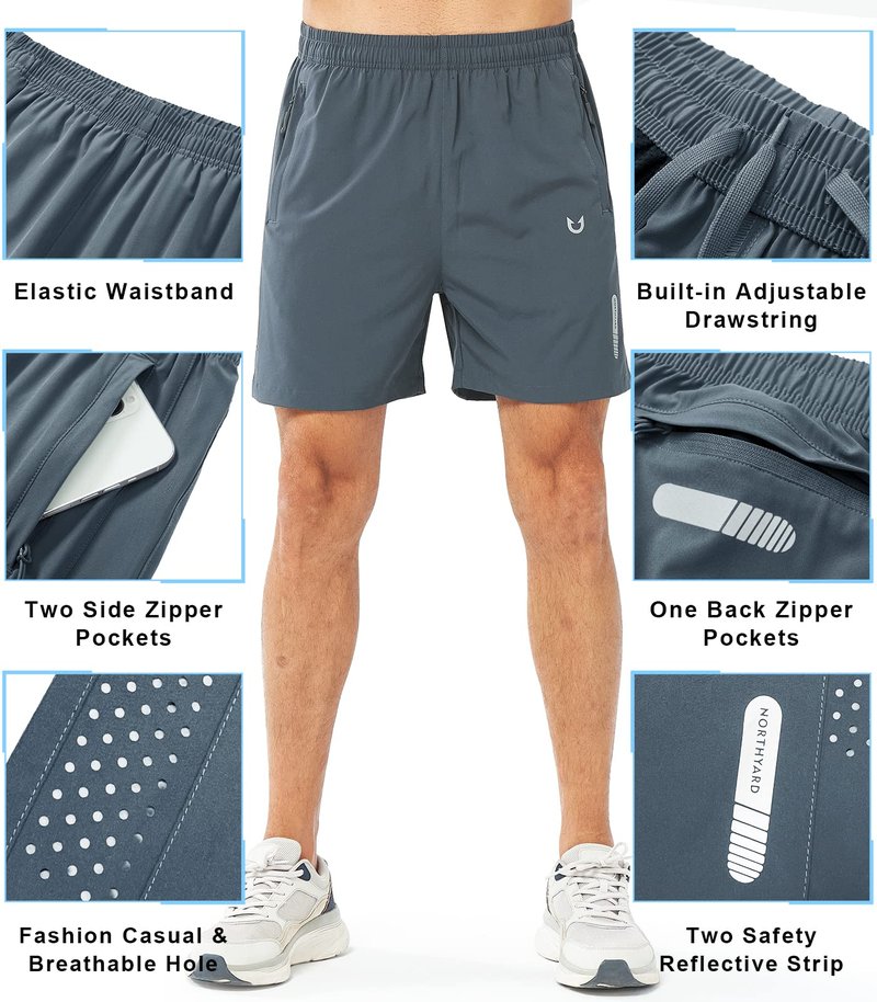 NORTHYARD Men's Athletic Running Shorts Gym Workout 7"/9"/5" Quick Dry Lightweight Sports Basketball Tennis 3 Zipper Pockets COOLGREY-5inch XL