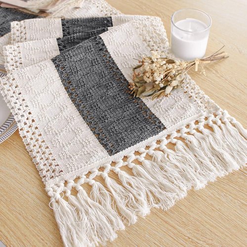 FEXIA Boho Table Runner for Home Decor with Tassels 60 Inches Long,Grey Farmhouse Rustic Table Runner Macrame Burlap Table Decoration for Living Room Bridal Shower(12x60 Inches)