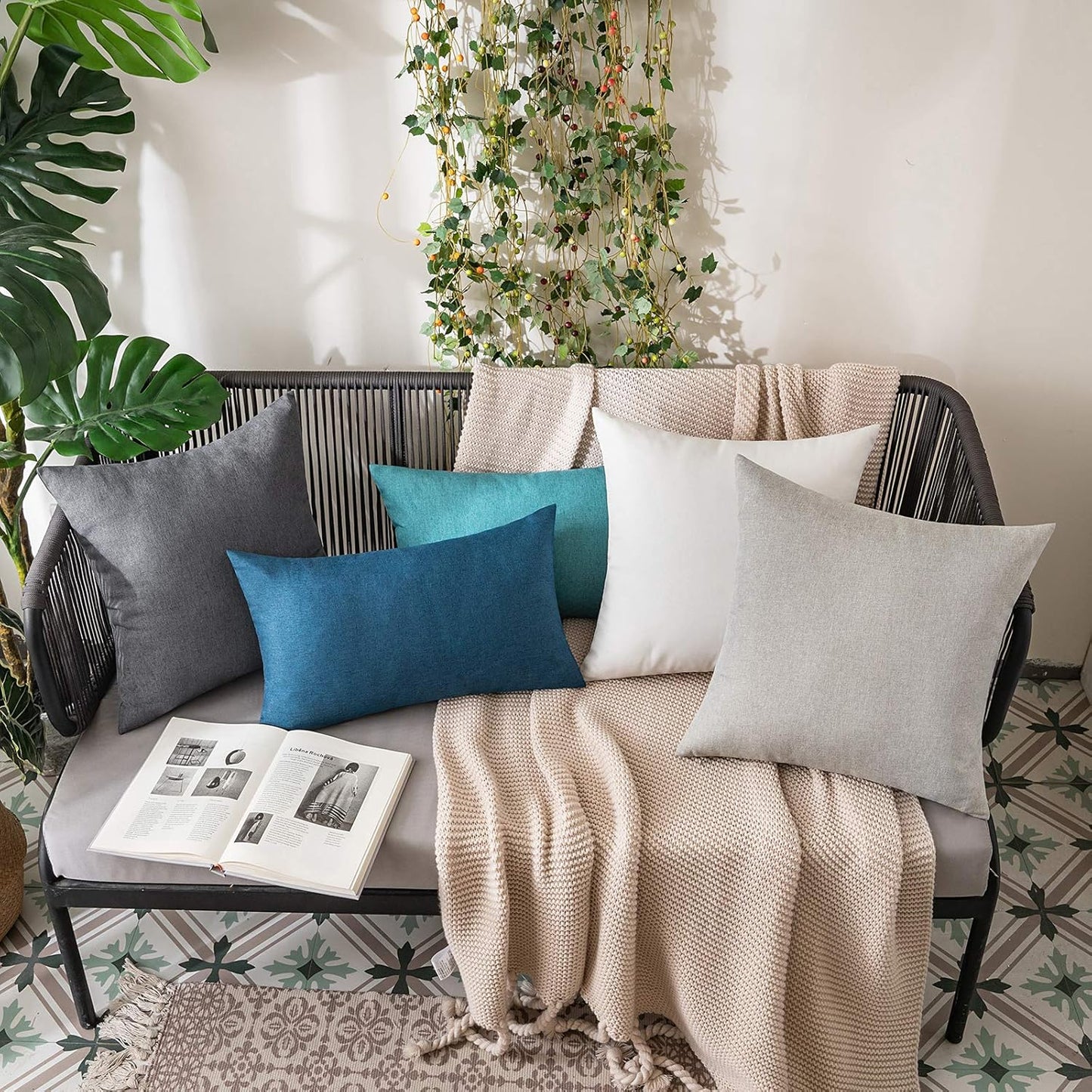 MIULEE Decorative Outdoor Throw Pillow Covers - Waterproof Faux Linen Cushion Cases | 18x18 Inch Dark Grey (Pack of 2)
