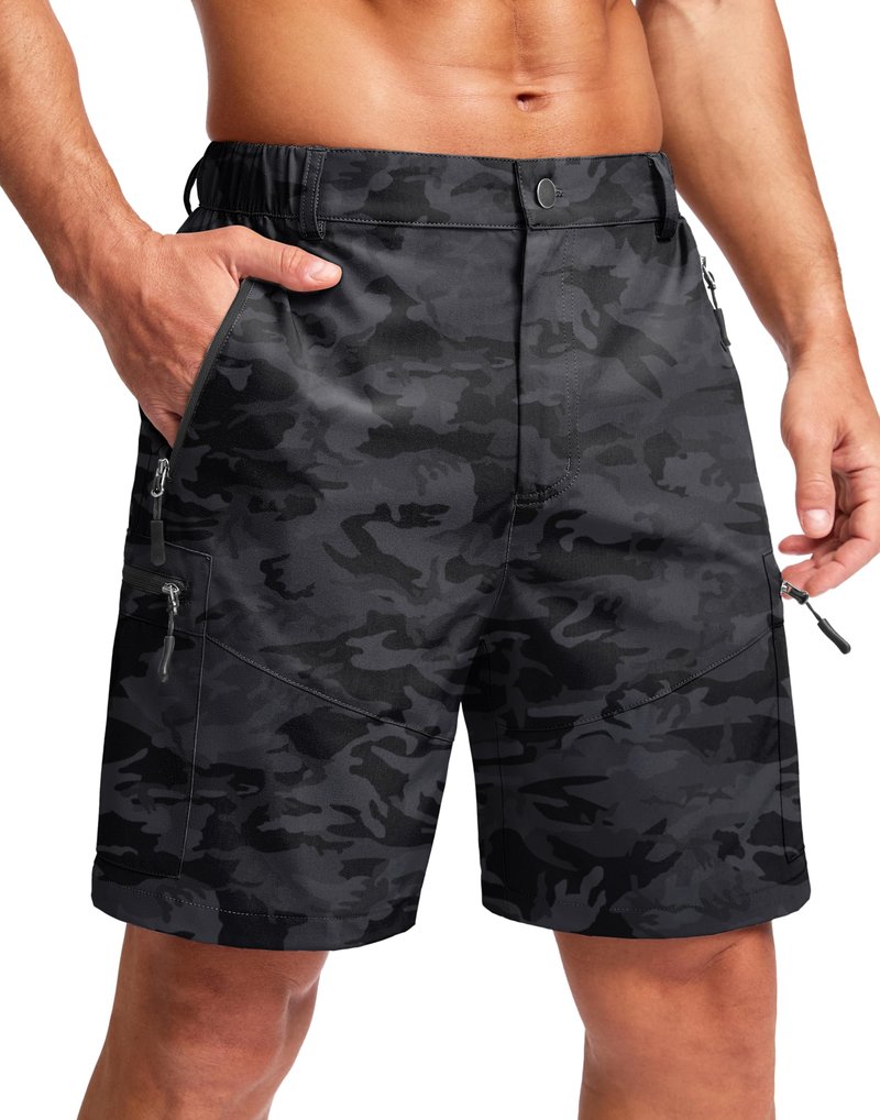 Pudolla Men's Hiking Cargo Shorts Lightweight 7" Travel Casual Shorts for Men Golf Work Outdoor with 5 Zipper Pockets(Black Camo XX-Large)