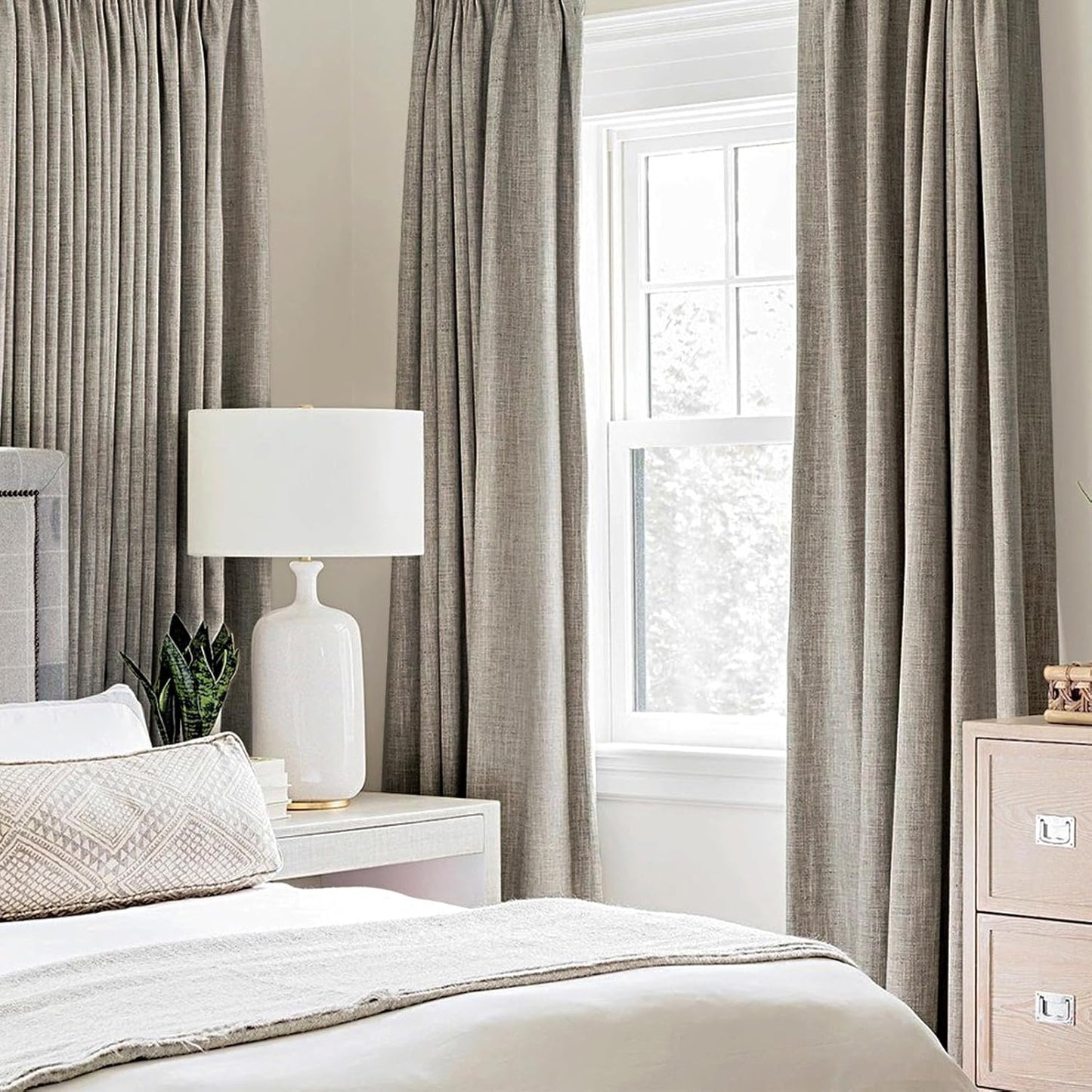 MIULEE Linen Curtains - 100% Blackout Thermal Insulated Drapes | Greige, 52x63 Inch (2 Panels)