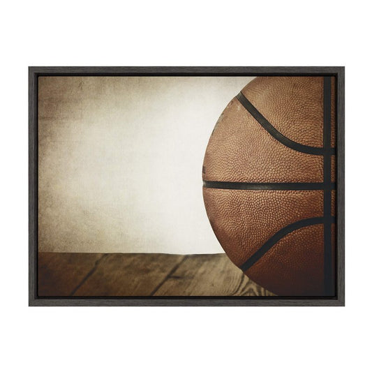 DesignOvation Sylvie Vintage Half Basketball Framed Canvas Wall Art by Shawn St. Peter, 18x24 Gray, Sports Themed Home Decor