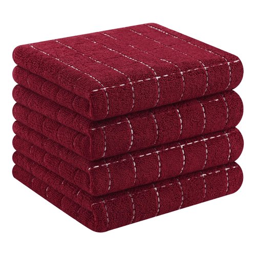 Homaxy 100% Cotton Terry Kitchen Towels(Burgundy Red, 13 x 28 inches), Checkered Designed, Soft and Super Absorbent Dish Towels, 4 Pack