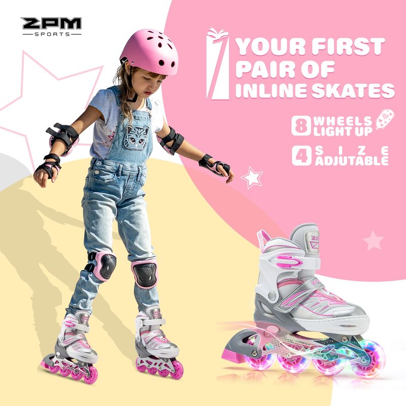 2PM SPORTS Cytia Pink Girls Adjustable Illuminating Inline Skates with Light up Wheels, Fun Flashing Beginner Roller Skates for Kids (Silver, Small - Little Kids (10C-12.5C US))