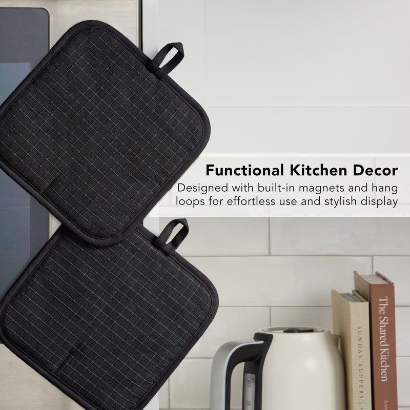 KITCHENAID Gourmet Series Gridlines Pot Holders 2-Pack Set, Heat Resistant up to 600°F, Soft Silicone Grip, Magnetic Cuff, Matte Black, 8"x8"