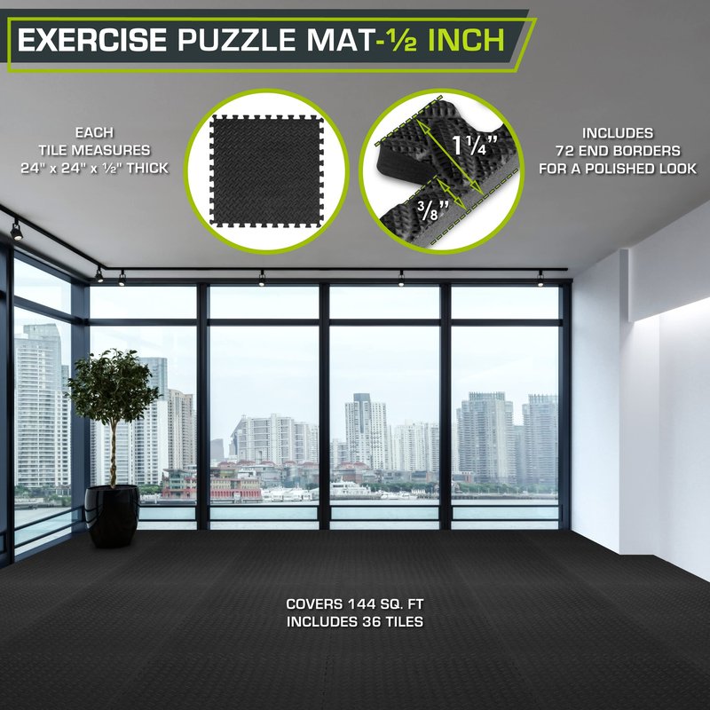 ProsourceFit Exercise Puzzle Mat ½-inch, EVA Interlocking Foam Floor Tiles for Home Gym, Workout Equipment, Kids Play Areas, Black, 144 SQ FT - 36 Tiles