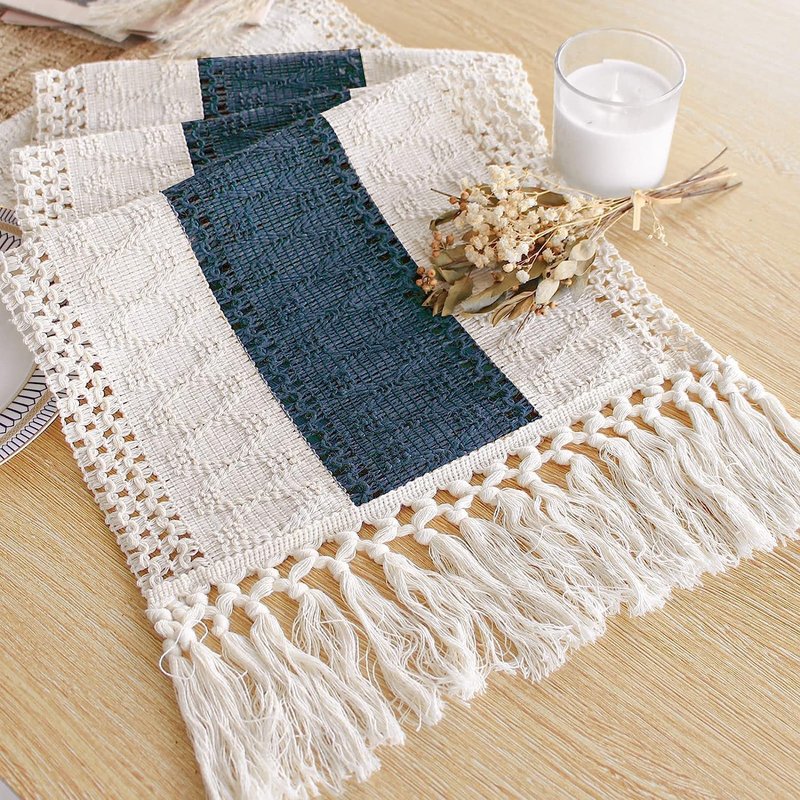FEXIA Boho Table Runner 90 Inches Long with Tassels Farmhouse Rustic Cream & Blue Macrame for Dining Bedroom Baby Bridal Shower Decor(12x90 Inches)