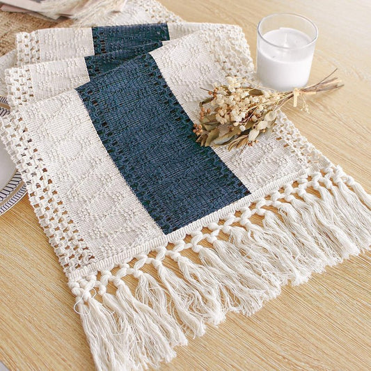 FEXIA Boho Table Runner 90 Inches Long with Tassels Farmhouse Rustic Cream & Blue Macrame for Dining Bedroom Baby Bridal Shower Decor(12x90 Inches)