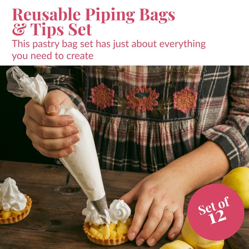 Prestee Reusable Piping Bags and Tips Set - 5 TPU 12-Inch Piping Bags with 5 Metal Icing Tips and 2 Couplers - Flexible and Durable Frosting Piping Kit for Cake Cupcake Cookie Decorating - Transparent
