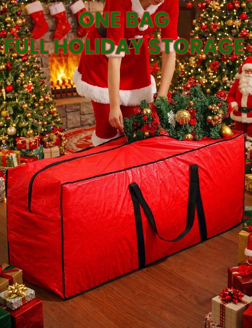 Christmas Tree Storage Bag | Heavy-Duty Waterproof Organizer for Up to 9ft Trees - Large Red with Reinforced Handles