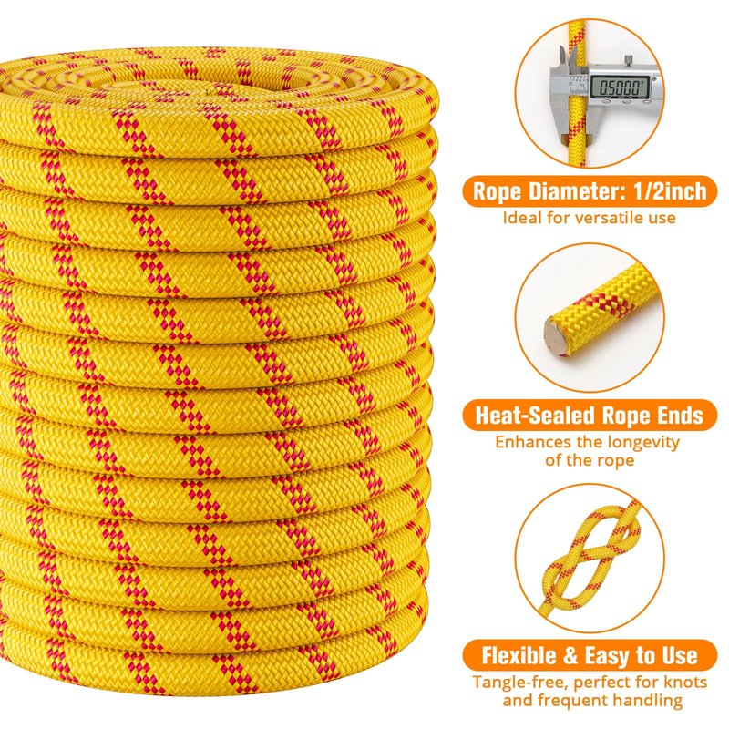 Double Braided Arborist Rigging Rope - 1/2 in X 150 ft 48 Strands Rappelling Outdoor Pulling Heavy Duty Polyester Bull Rope for Swing Tree Work Camping Rescue Hiking - Yellow