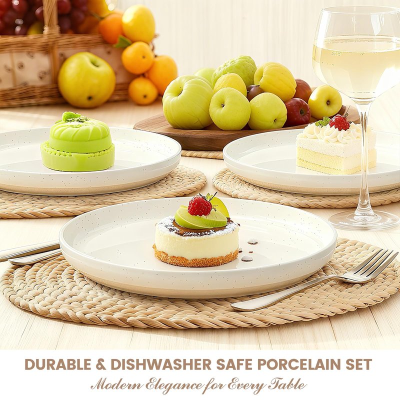 Plates and Bowls Sets, Scratch Resistant Dinnerware Sets for 8, 24 Pieces Porcelain Ceramic Dishware Dishes Set, Modern Stoneware Kitchen Dinner Set, Microwave and Dishwasher Safe, Cream White