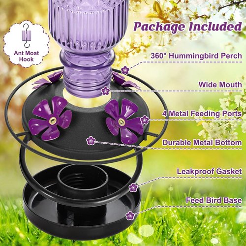 FEED GARDEN Glass Hummingbird Feeder - 16 oz Outdoor Feeder with Bee-Proof Ports & Easy Clean Design | Purple