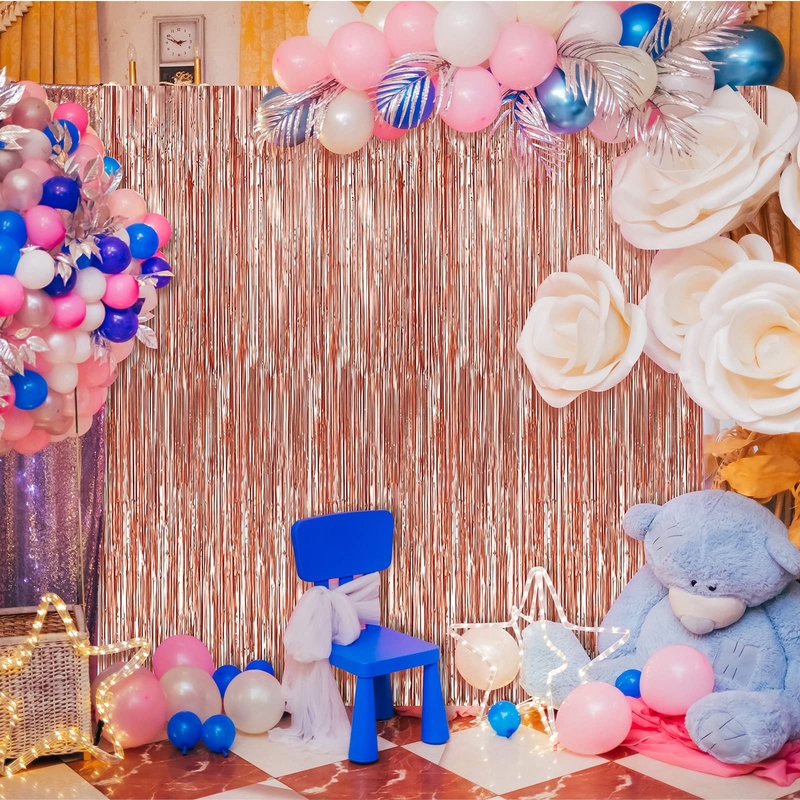 Crosize 4 Pack 3.3 x 9.9 ft Rose Gold Foil Fringe Backdrop Curtain, Streamer Backdrop Curtains, Streamers Birthday Party Decorations, Tinsel Curtain for Parties, Photo Booth Backdrops, Party Décor
