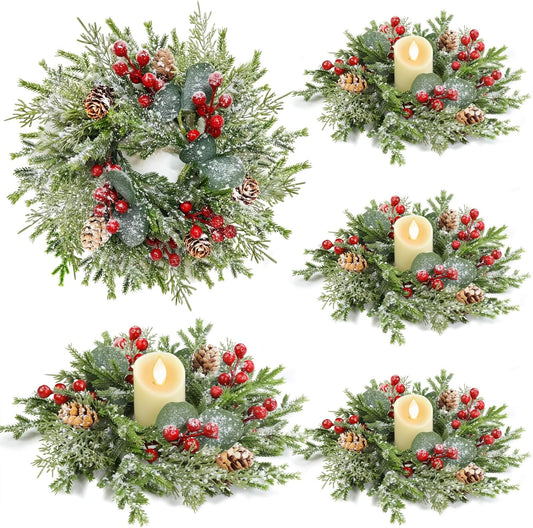 Skiennix Flocked Christmas Candle Rings - Mini Wreaths with Snowy Pinecones & Red Berries | 10"x3.5" Centerpiece Decor
