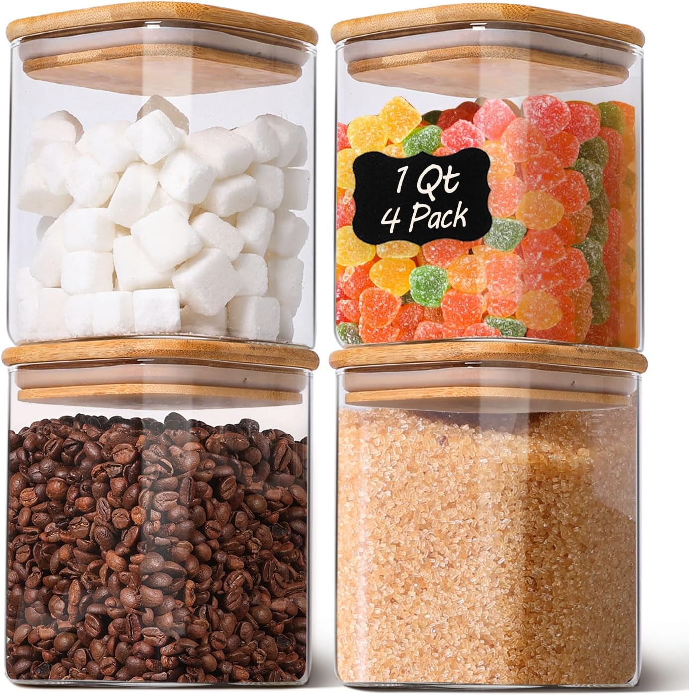 Skiennix 1Qt Airtight Glass Canisters - Bamboo Lid Square Pantry Storage for Coffee, Snacks & More | 4-Pack