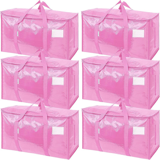 TICONN Extra Large Heavy-Duty Moving Bags - Durable Storage with Zippers & Handles | 6 Pack, Pink