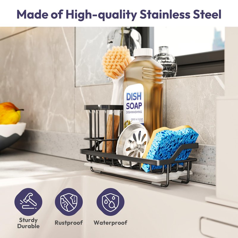 SWTYMIKI Sink Caddy Sponge Holder - Kitchen Sink Organizer with High Brush Holder for Countertop to Hold Dish Soaps and Sponges, Stainless Steel, Black