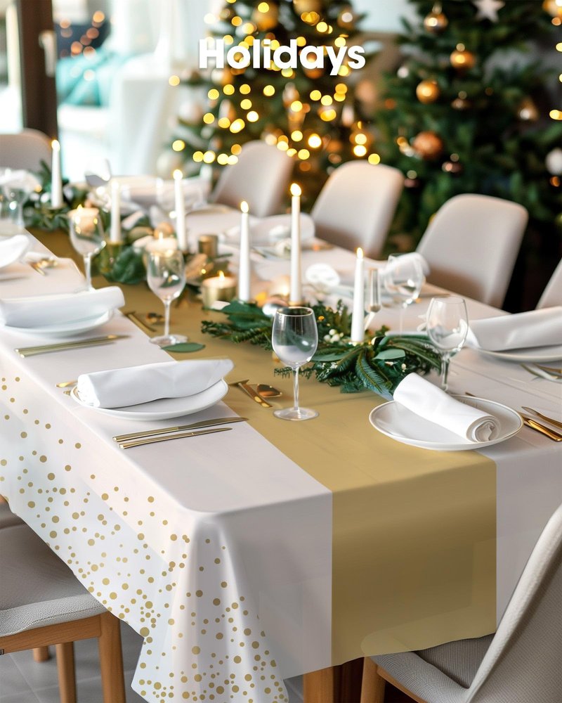 Pureegg Plastic Table Cloth Disposable 10 Pack, 54 x 108 Inch, Table Runner Style, Graduation Decorations 2026, Party Tablecloths, Rectangle, Plastic Cover, Leakproof & Sturdy, White Gold