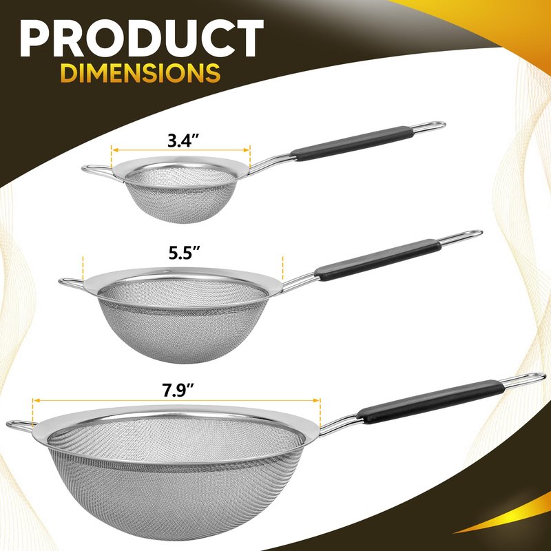Kafoor Set of 3 Fine Mesh Strainers for Kitchen | 3.4 inch, 5.5 inch and 7.9 inch Stainless Steel Strainer